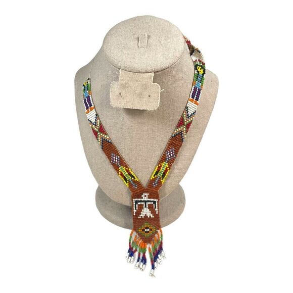 Handmade Native American Beaded Necklace Trade Beads Thunderbird & Fringe READ - Picture 2 of 7